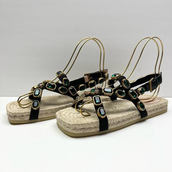 GUCCI Emerald Crystal Embellished Espadrilles Sandals EU 40 US 10 Green Black - Picture 4 of 13